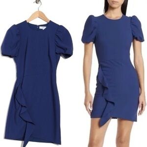 Likely Malta Ruffle Front Short Puff Sleeves Cobalt Blue Round Neck Mini Dress